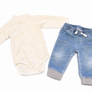 12M Baby Boy Outfit | Neutral Button-Up Bodysuit & Denim Joggers Set